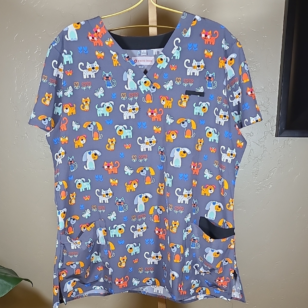 White Cross Gray Cats Dogs Butterflies Flowers Scrub Top Uniform Large